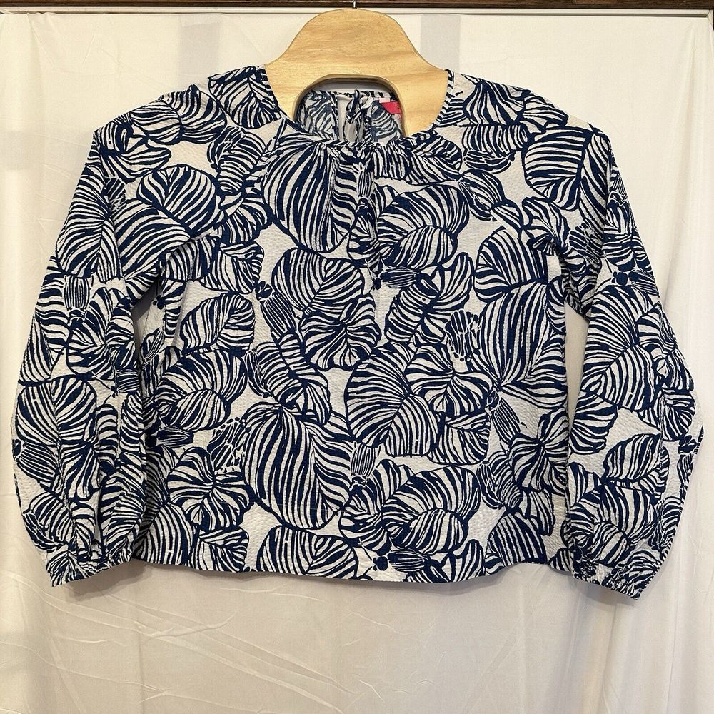 Lilly Pulitzer Rilynn Top Sz Medium Aegean Navy‎ Blue Beach Tropical Long Sleeve
